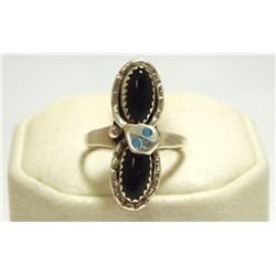 Zuni Onyx Sterling Silver Snake w/Turquoise Eyes Women's Ring - Effie Calavaza