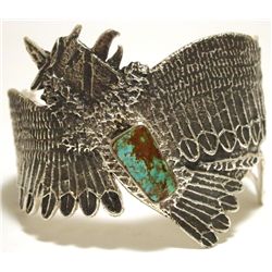 Navajo Kingman Turquoise Sterling Silver Tufa Cast Kachina Dancer Cuff Bracelet - Philander B Begay