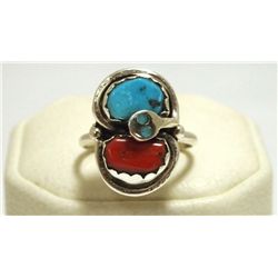 Zuni Coral & Turquoise Sterling Silver Snake Women's Ring - Effie Calavaza