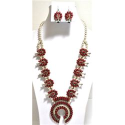 Navajo Coral Squash Blossom Sterling Silver Necklace & Earrings Set - Lisa Williams