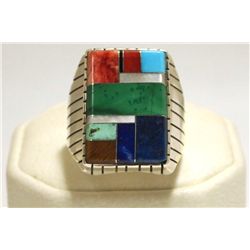 Navajo Multi-Stone Inlay Sterling Silver Men's Ring - Ray Jack