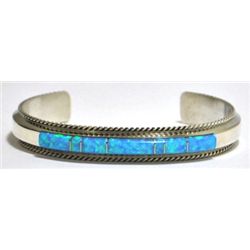 Navajo Blue Opal Inlay Sterling Silver Cuff Bracelet - Fran Yazzie