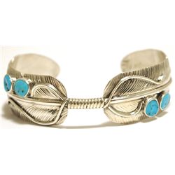 Navajo Turquoise Sterling Silver Feather Cuff Bracelet - Virgil Reader