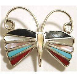 Zuni Multi-Stone Inlay Butterfly Sterling Silver Pendant & Pin - Emma Edaakie