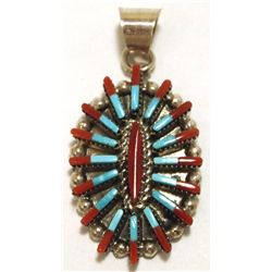 Zuni Coral & Turquoise Needlepoint Sterling Silver Pendant - Carlo Laconsello