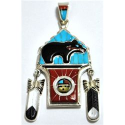 Zuni Multi-Stone Bear & Sun Face Spinner Sterling Silver Pendant - Don Dewa