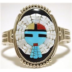 Zuni Multi-Stone Inlay Sun Face Sterling Silver Cuff Bracelet - Beverly Etsate