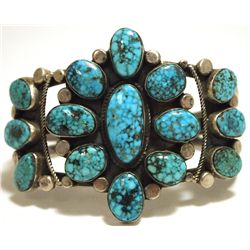 Old Pawn Navajo Spider Web Kingman Turquoise Sterling Silver Cuff Bracelet - R. Tom