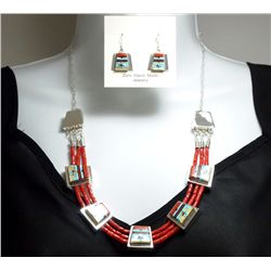 Zuni Coral Bead Multi-Stone Sun Face Sterling Silver Necklace & Earrings Set - Raylan & Patty Edaaki