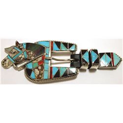 Old Pawn Zuni Multi-Stone Inlay Horse Sterling Silver Ranger Buckle - Helen & Lincoln Zunie