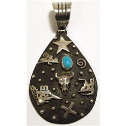 Navajo Turquoise Sterling Silver Pueblo Design Pendant - Shakey