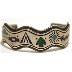 Vintage Old Pawn Navajo Multi-Stone Inlay Sterling Silver Cuff Bracelet