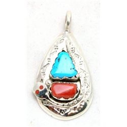 Zuni Coral and Turquoise Medium Teardrop Snake Pendant - Effie Calavaza