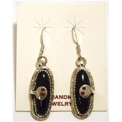 Zuni Onyx Sterling Silver Coral-Eyed Snake French Hook Earrings - Effie Calavaza