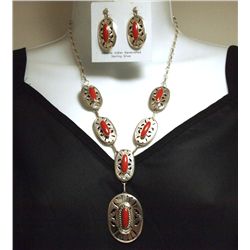 Navajo Coral Sterling Silver Necklace & Post Earrings Set - Eugene Belone