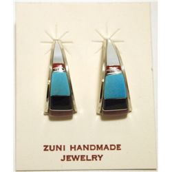 Zuni Multi-Stone Inlay Sterling Silver Curved Post Earrings - C.S. Lonjose