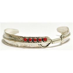 Navajo Coral Dots Sterling Silver Feather Bracelet - Chris Charley