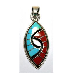 Zuni Onyx, Coral and Turquoise Sharp Oval Pendant - Amy Quandelacy