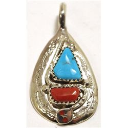 Zuni Coral & Turquoise Sterling Silver Snake Pendant - Effie Calavaza