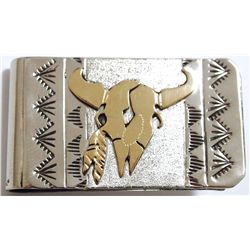 Navajo 12k Gold Fill over Sterling Silver Cow Skull Money Clip - Roger Jones