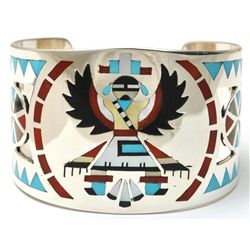 Zuni Multi-Stone Inlay Knifewing Kachina Sterling Silver Cuff Bracelet - Dennis & Nancy Edaakie