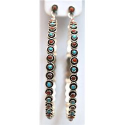 Zuni Coral & Turquoise Sterling Silver Large Hoop Post Earrings