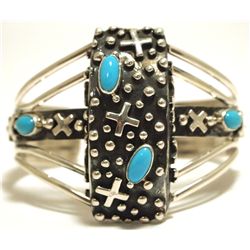 Navajo Turquoise Sterling Silver Crosses Cuff Bracelet - Leroy James