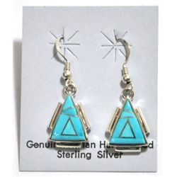 Navajo Turquoise Sterling Silver Triangle French Hook Earrings - Calvin Begay