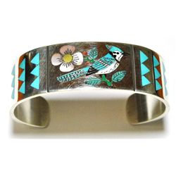 Zuni Blue Bird Inlay Sterling Silver Cuff Bracelet - Rudell & Nancy Laconsello