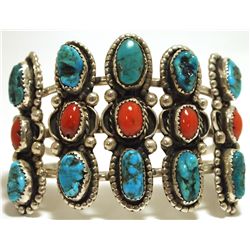 Old Pawn Navajo Coral & Sleeping Beauty Turquoise Sterling Silver Cuff Bracelet