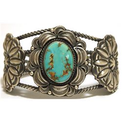 Old Pawn Navajo Mountain Turquoise Sterling Silver Cuff Bracelet - RH Boyd