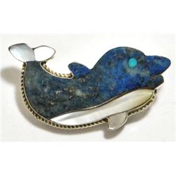 Zuni Multi-Stone Inlay Dolphin Sterling Silver Pendant & Pin - Darrel Shebola