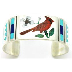 Zuni Multi-Stone Inlay Cardinal Sterling Silver Cuff Bracelet - Rudell & Nancy Laconsello