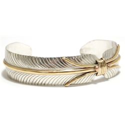 Navajo 12k Gold Fill over Sterling Silver Feather Cuff Bracelet - Virgil Reader