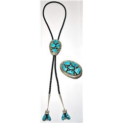 Zuni Sleeping Beauty Turquoise Sterling Silver Bolo & Buckle Set - Robert & Bernice Leekya