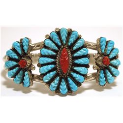 Old Pawn Zuni Coral & Turquoise Sterling Silver Cuff Bracelet - Robert Eustace