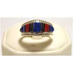 Zuni Multi-Stone Channel Inlay Sterling Silver Men's Ring - D. Panteah