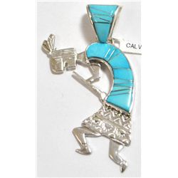 Navajo Turquoise Inlay Sterling Silver Kokopelli Pendant - Calvin Begay