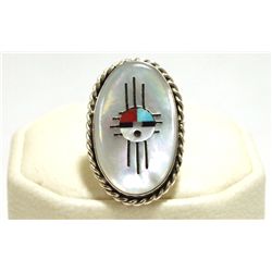 Zuni Multi-Stone Inlay Sun Face Sterling Silver Child's Ring - Hustito