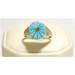 Zuni Turquoise Inlay Sterling Silver Women's Ring - Johnson Laweka