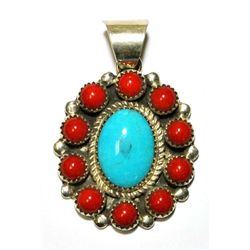 Navajo Coral and Turquoise Sterling Silver Pendant - Kathy Yazzie