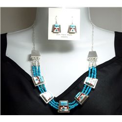 Zuni Turquoise Bead Multi-Stone Sun Face Sterling Silver Necklace & Earrings Set - Raylan & Patty Ed