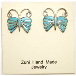 Zuni Turquoise Inlay Sterling Silver Butterfly Post Earrings - Emma Edaakie