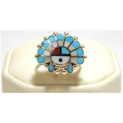 Zuni Multi-Stone Inlay Sun Face Sterling Silver Women's Ring - Emma Romancito