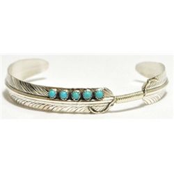 Navajo Turquoise Dots Sterling Silver Feather Bracelet - Chris Charley