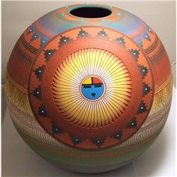 Navajo Etched & Painted Sun Face & Kokopelli Pottery - Lori Smith