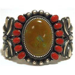 Old Pawn Navajo Coral & Kingman Turquoise Sterling Silver Cuff Bracelet - Kirk Smith