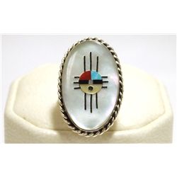 Zuni Multi-Stone Inlay Sun Face Sterling Silver Women's Ring - Hustito