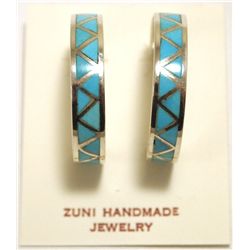 Zuni Turquoise Inlay Sterling Silver 3/4 Ring Post Earrings - Joann Peina