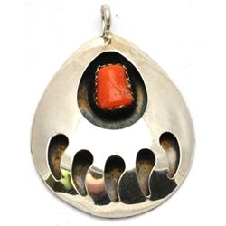 Navajo Coral Sterling Silver Bear Paw Pendant - Joey McCray